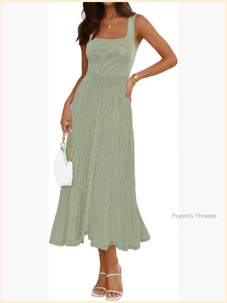 Sleeveless Square Neck Midi Dress - Pleated A-Line Empire Waist